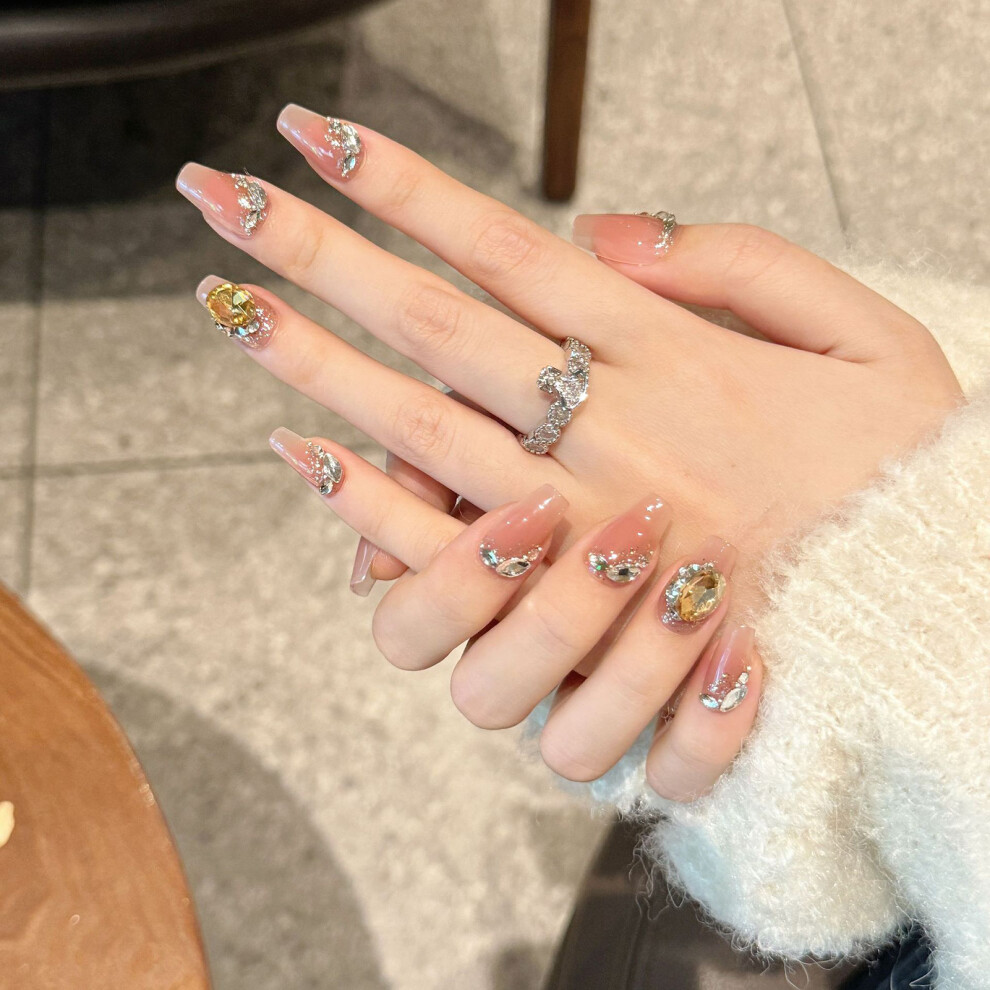 Penghui-Toys (Xs) Glossy Nude Press On Nails With Glitter Decor Natural-Looking Easy To Take On And Apply For Women Nail Art Decoration