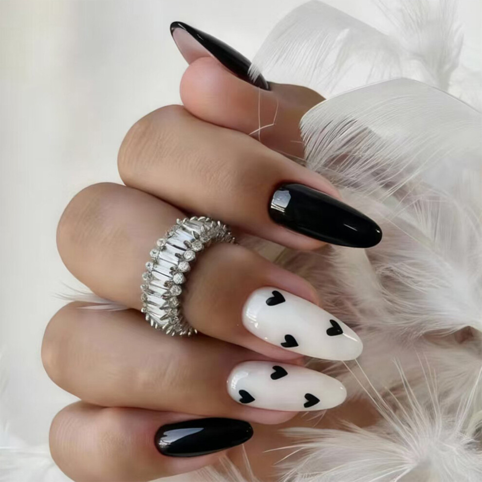 Zhouq-Outdoors 24Pcs Almond Press On Nails Black Heart Women Party
