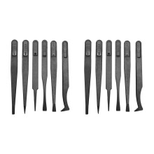 12PCS Precision Tweezer Set Plastic Anti Static Tool Kit Size 1/2/3/5/6/8 Each One(Black)