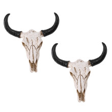 2X Resina Longhorn Vaca CráNeo Cabeza Colgante de Pared Decoración3D Animal Fauna Escultura Figuras Artesanía Cuernos para el Hogar Decoraciónde