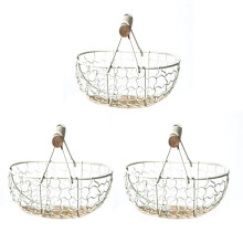 3X Wooden Handle Metal Retro Basket Portable Multi-Function Vegetable Fruit Egg Groceries Practical Storage Basket White