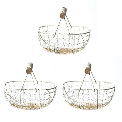 3X Wooden Handle Metal Retro Basket Portable Multi-Function Vegetable Fruit Egg Groceries Practical Storage Basket White