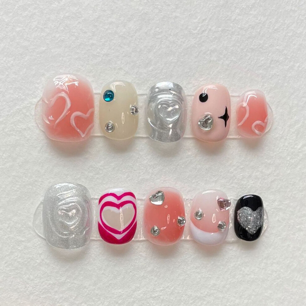 Bright-Home (L) Pink Silver Fake Nails With Heart Printed Natural Unbreakable Nail Simple Wear For Stage Performance Wear