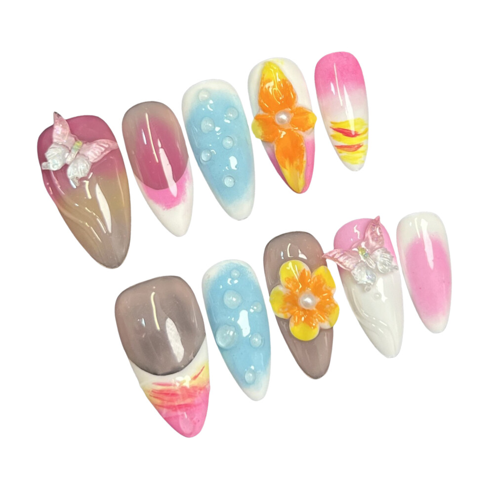 Bright-Home (Xs) 10Pcs Blush Fake Nails With Butterfly Decor Chip-Proof Smudge-Proof Fake Nails For Professional Nail Art Salon Supply