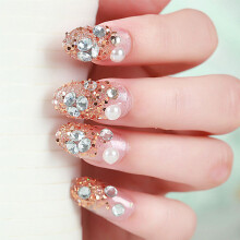 24pcs/Set Golden Luxury Rhinestone Flower Bride Nail Art Pre-design Oval Full Cover Glitter False Nails Glue Sticker