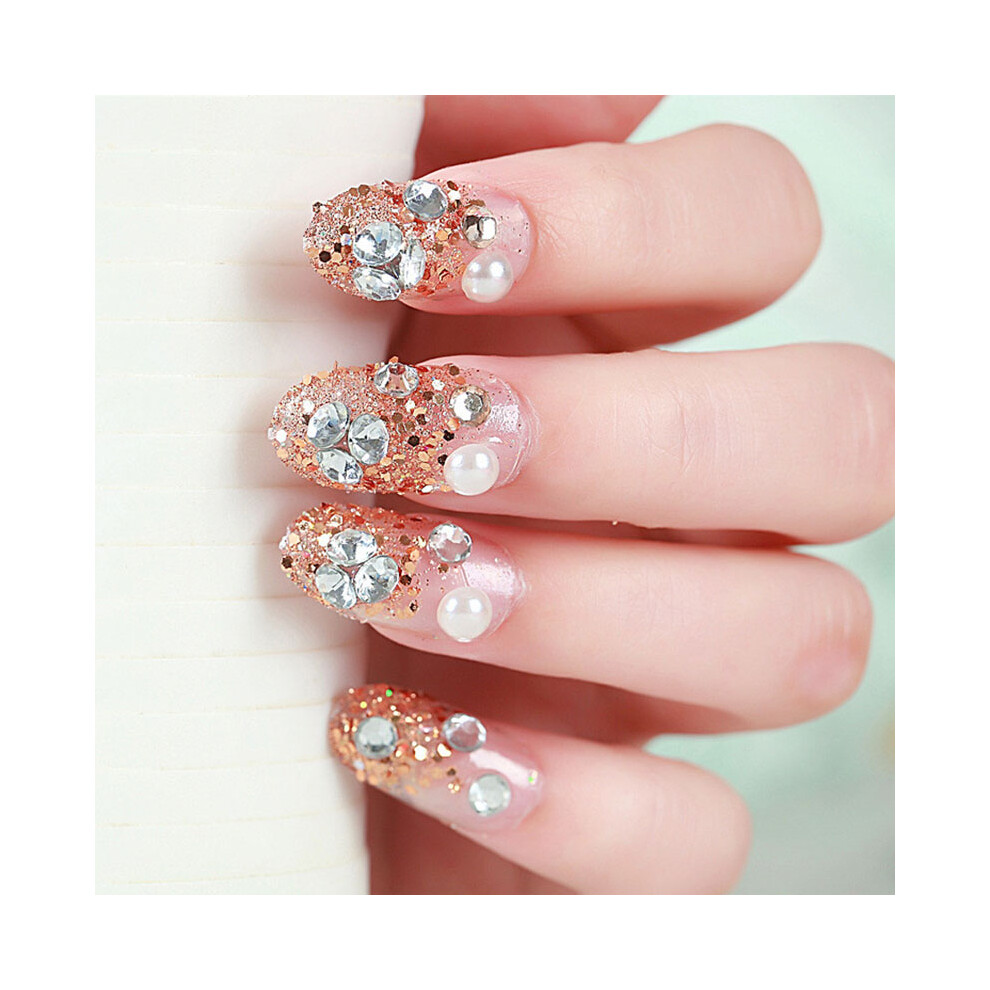 Hue-Grain 24Pcs Glitter Rhinestone False Nails - Bride Design