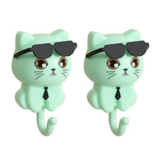 Cute Cat Key Hook, Cat Keychain, Kitten Coat Hook, Cute Sunglasses Cat Sticky Coat Hook, Coat Wall Hook Green