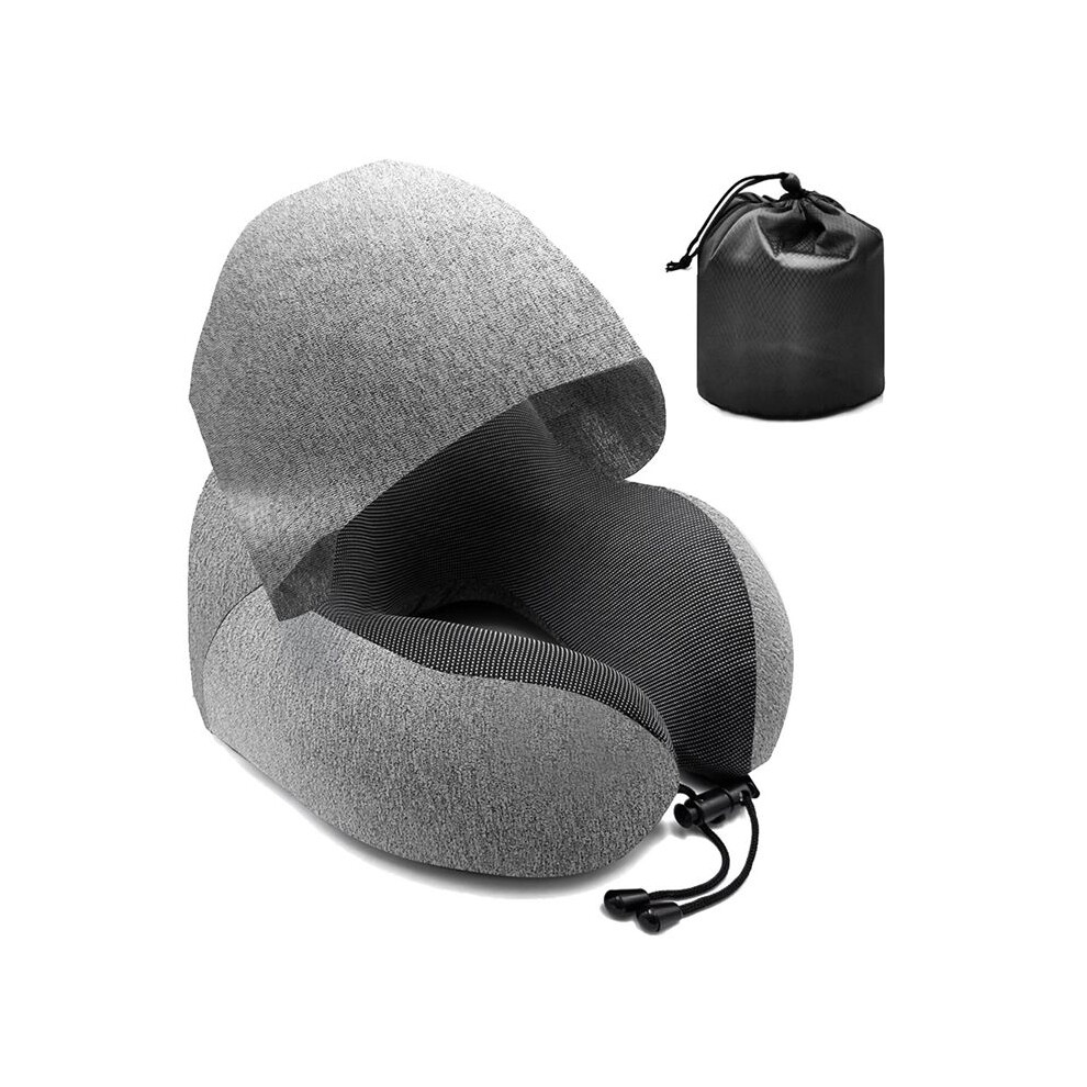 Travel Pillow Hooded U-Shaped Pillow Cushion Office Airplane  Rest Neck Pillow Noon Sleeping Pillows with Hat Grey