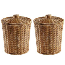 2X Woven Basket Trash Can Round Rattan Waste Basket with Lid Planter Woven Storage Baskets Wicker Garbage Bin