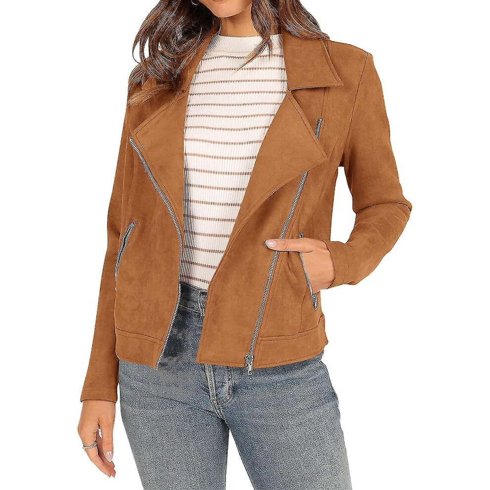(Brown, Small) Women's 2023 Fall Faux Biker Moto Jacket Fashion Sleeve Zipper Short Casual Coats With Pockets-image