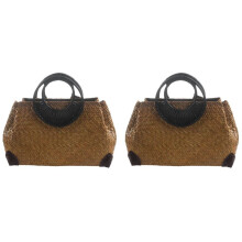 2X Bolsas Femininas de Palha Feminina de Bambu VerãO Praia Weave Bolsa Feminina Feminina Feminina Vintage Madeira Handle Bolsas de Viagem Malha