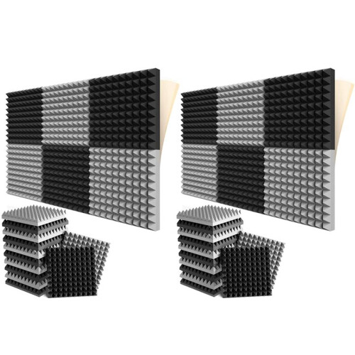 Pacote com 24 Painéis de Espuma à Prova de Som Autoadesivos 2X12X12 Polegadas Espuma Acústica Design de Pirâmide, para Home Studio, Preto + Cinza