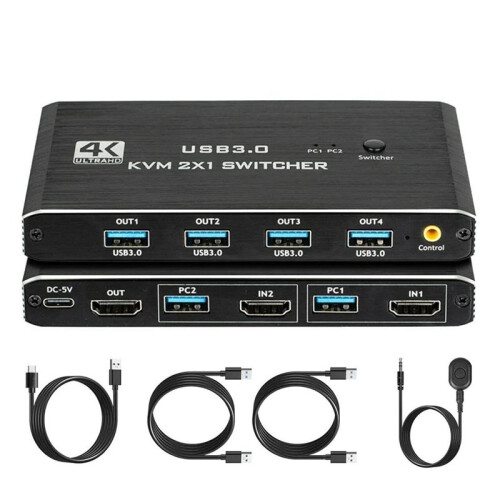USB 3.0 KVM  with Remote for 2 Computers Share 1 -Compatible Monitor and Keybord/Mouse/Printer