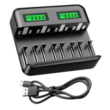 LCD 8 Bay Battery Charger for AA AAA C D Ni-MH Rechargeable Batteries 2A USB Port InputLCD NiMH Charger with USB-C
