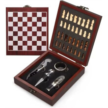 Wine Gift Box with Chess Set - with Wine Opener, Wine Stopper, Wine Pourer & Wine Drip Ring - Special Gift for Travel