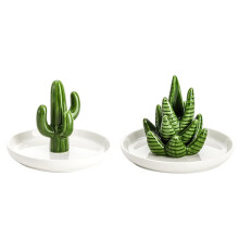 Set of 2 Aloe and Cactus Holder Dish, Ceramic Plant Jewelry Dish Bracelet Earrings Necklace Organizer Tray