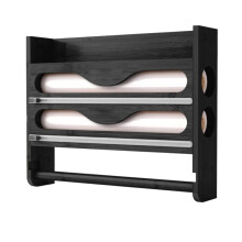 Bamboo Kitchen Organzier, Clingfilm & Foil Dispenser with Cutter, Wall-Mounted Storage Holder for Kitchen & Dining Room