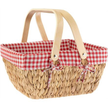 Panier de Pique-Nique avec Doublure Amovible, Panier en Jacinthe D'Eau Fait Main, Paniers Cadeaux Vides avec Poignée en Bois