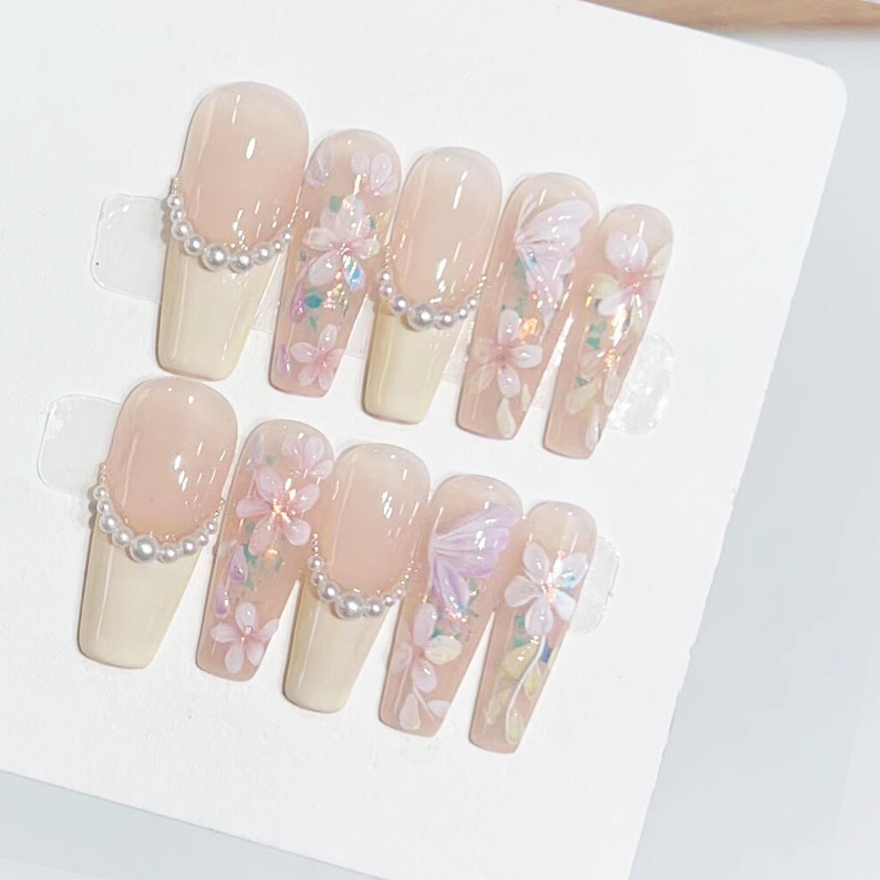 Bright-Home (L) Women Artificial Nail With Pearl Handmade Flowers Glitter Acrylic Nails For Diy Nail Design Art Salon