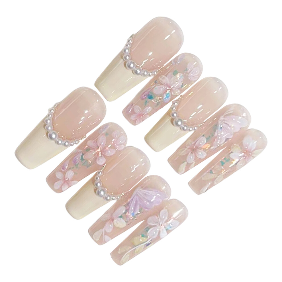 Bright-Home (Xs) Women Artificial Nail With Pearl Handmade Flowers Glitter Acrylic Nails For Diy Nail Design Art Salon