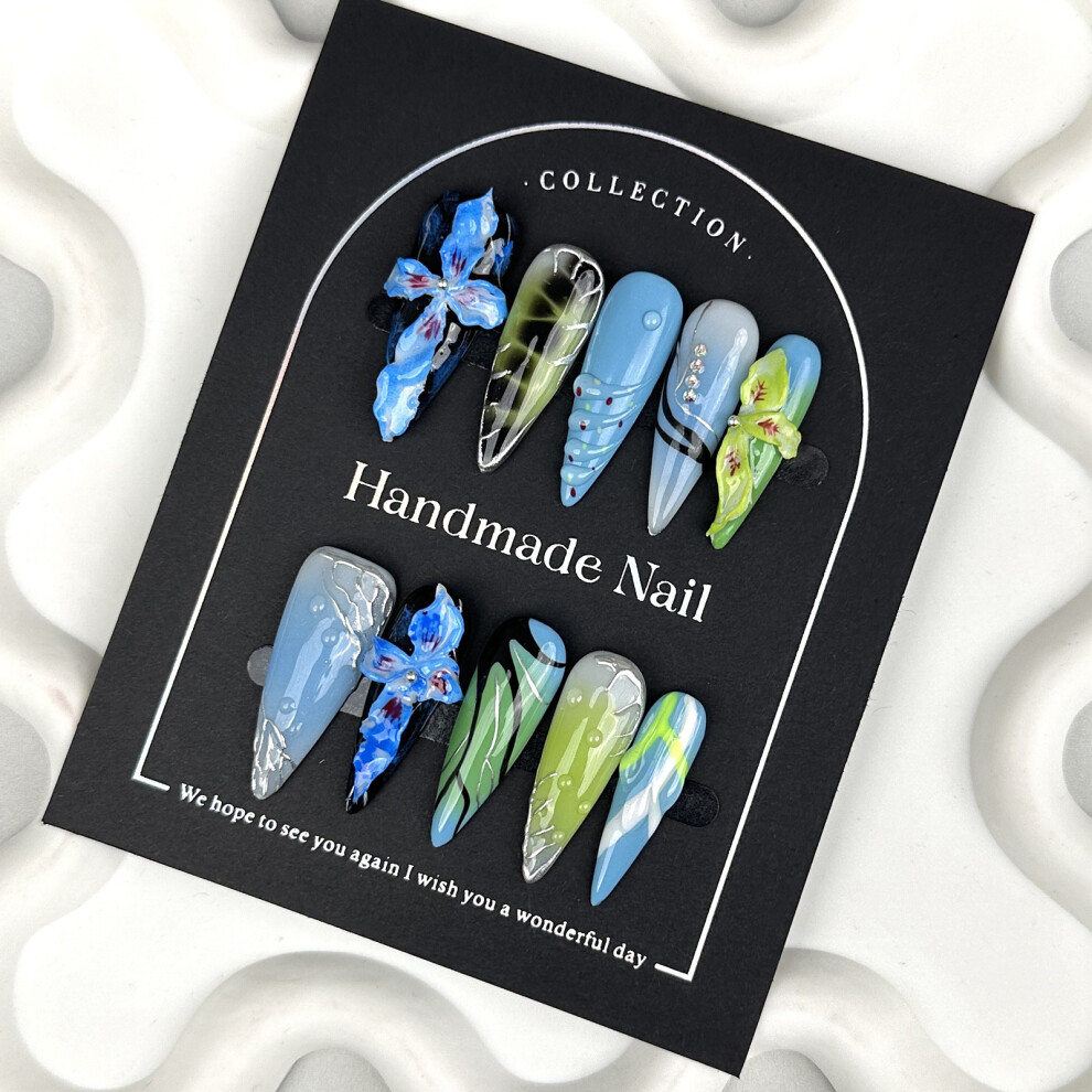 Hue-Grain (Xs) Sweet Reusable Blue Green False Nails