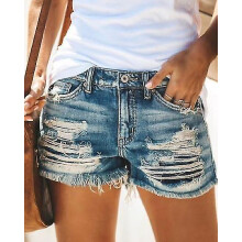 (XXL)Women's Denim Shorts And Fashion High Waist Personality Ripped Fringed Denim Shorts