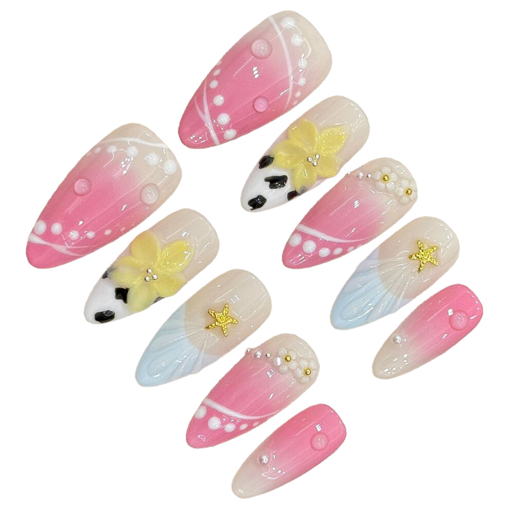 Zhouq-Outdoors (Xs) Pink Gradient Press-On Nails With Flowers