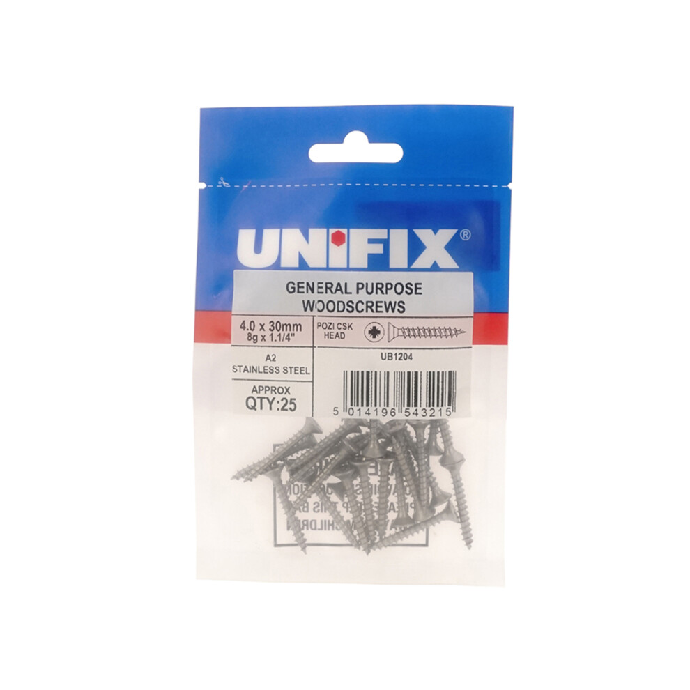 Unifix A2-304 St/St Chippy Woodscrews 5.0 X 40Mm - Bag Of 25 - Box Of 125 5014196543246