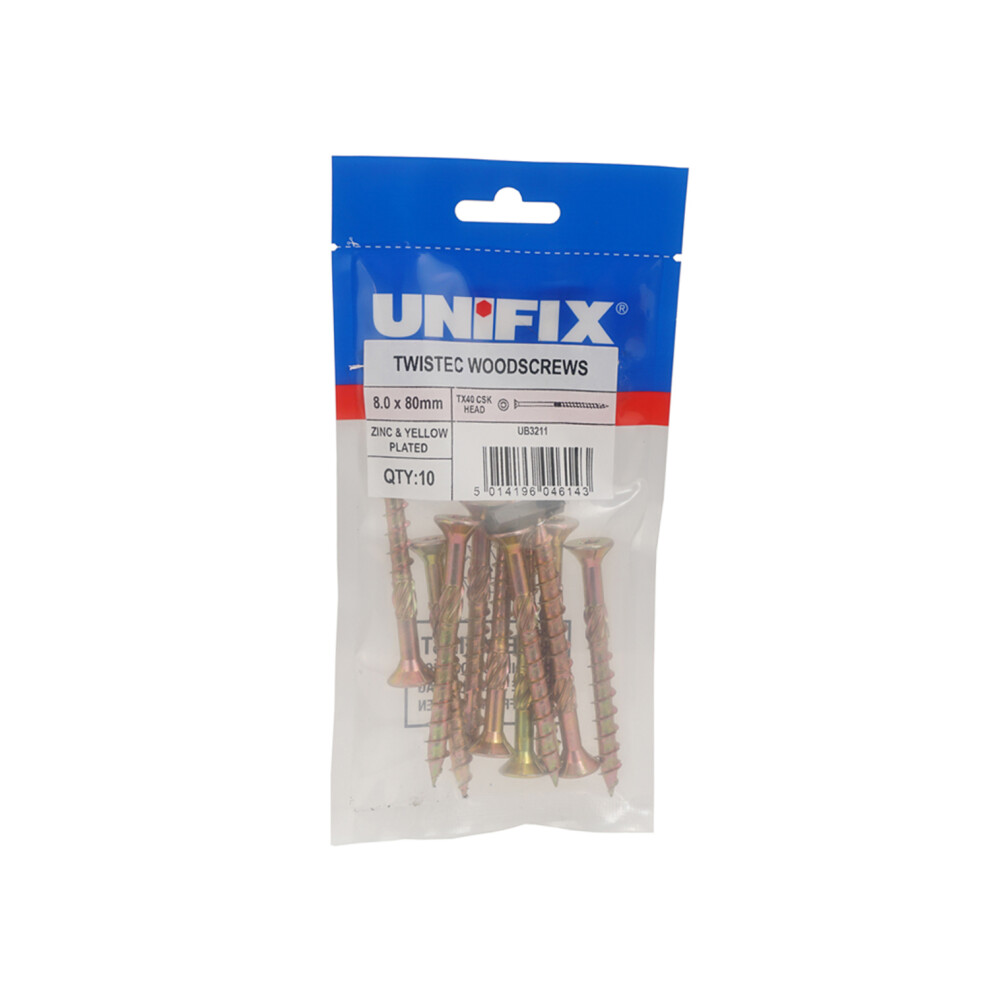 Unifix Twistec Woodscrews Csk Head Zyp Tx40 8.0 X 80Mm - Ubtts08080 - Box Of 50 5014196046143