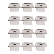 12-Pack Anti-Jam Slitsade Hotellpannor med Lock, 1/6 Storlek 4 Tum Djup, Kommersiell 18/8 Rostfritt Stål Ångbordsmatpanna
