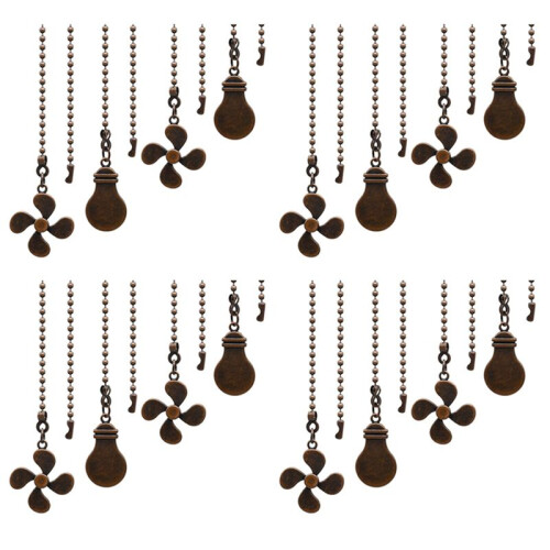 16Pcs Ceiling Fan Pull Chain Set,Bulb and Fan Pattern Pull Chain Extension Fan Pull Chain Pendant 12 Inch (Red Bronze)