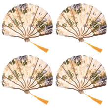 4X Classic Style Peony Flower Fabric Bamboo Folding Dance Hand Fan Beige