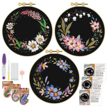 3 Pack Embroidery Kit, Floral -Stitch Set for Beginners Include Embroidery Cloth Hoops Threads