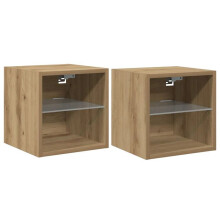 Wand TV-meubel - HELLOSHOP26 - Set van 2 - RGB LED-verlichting - Beige handgemaakt eiken - Glazen plank