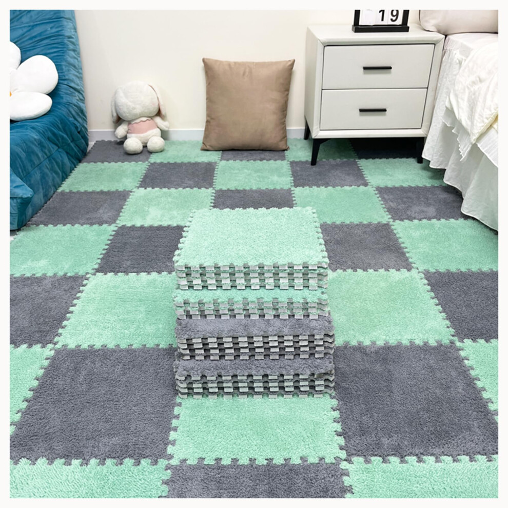 Shaggy Plush Interlocking Foam Mats 50Pcs Soft Nonslip Floor Tiles For Playroom And Gray/Green