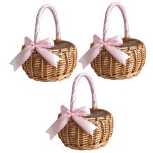 3X Wicker Woven Flower Basket, with Handle and Ribbon, Wedding Flower Girl Baskets, for Home Garden Decoration(S)