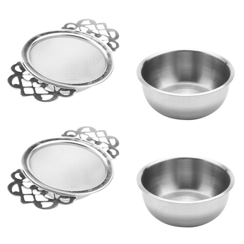 Tea Strainers with Drip Bowls (4-Pack); Elegant Stainless Steel Loose Leaf Tea Strainers 1