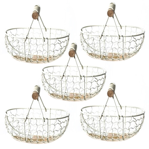 5X Wooden Handle Metal Retro Basket Portable Multi-Function Vegetable Fruit Egg Groceries Practical Storage Basket White
