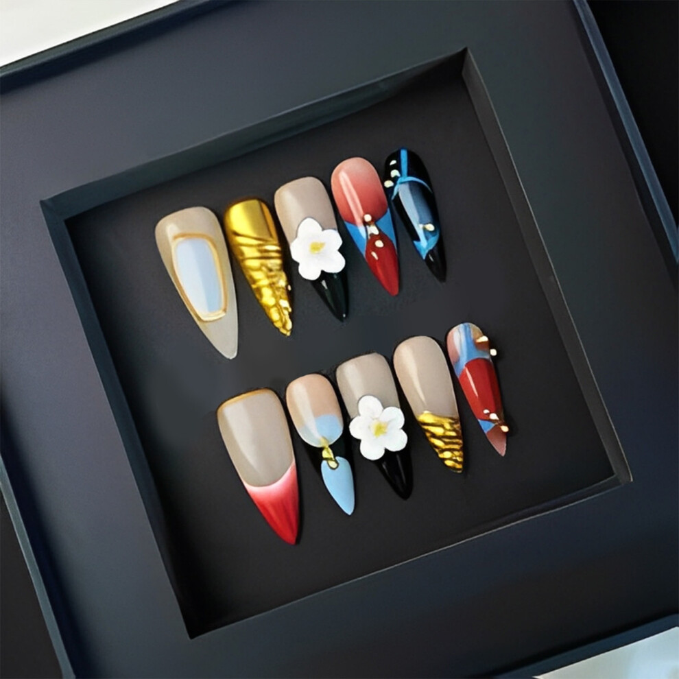 Bright-Home (S) 10Pcs Nude Long False Nails With Gold Beads Reusable Long Lasting Press On Nails For Daily And Parties Wearing