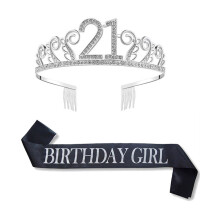 (21) 18th Birthday Crown Queen Sash Sparkly Metal Headdress Pink Satin Sash for 60th Birthday Party Supplies Favors