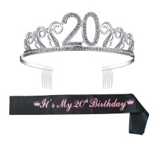 (20) 18th Birthday Crown Queen Sash Sparkly Metal Headdress Pink Satin Sash for 60th Birthday Party Supplies Favors