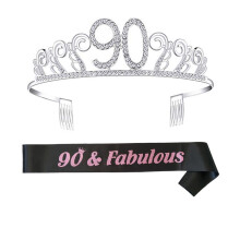 (90) 18th Birthday Crown Queen Sash Sparkly Metal Headdress Pink Satin Sash for 60th Birthday Party Supplies Favors