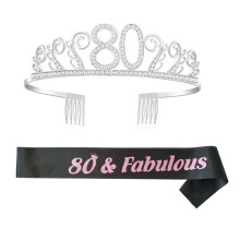 (80) 18th Birthday Crown Queen Sash Sparkly Metal Headdress Pink Satin Sash for 60th Birthday Party Supplies Favors