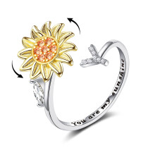 925 Sterling Silver Sunflower Spinner Ring for Women Adjustable Anxiety Relief Cubic Zirconia