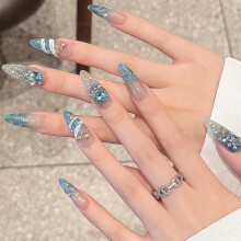 (XS) Ocean Theme Fake Nails with Cat Eyes Odorless Provides a Comfortable Experience for Manicure Lovers and Beauty Bloggers