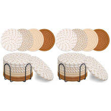 16 Pcs Drink Coasters with Holder, 4 Colors Absorbent Coasters for Drinks, Cotton Woven Coaster Set for Home Decor A