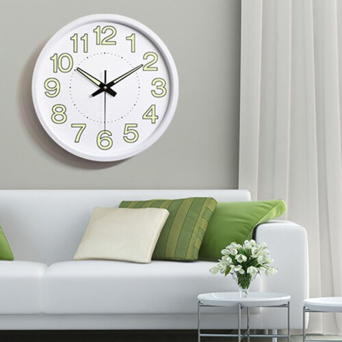 Silent Quartz Wall Clock 12in White Frame, Luminous, Battery Powered