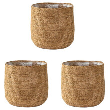 3X Seagrass Flower Pot - Woven Plant Pot - Decorative Plant Basket with Plastic Film Insert in Boho Style S
