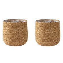 2X Blumentopf Aus Seegras - Geflochtener Pflanztopf - Dekorativer Pflanzkorb mit Kunststofffolieneinsatz im Boho-Stil S