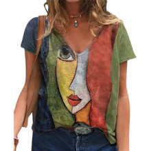 (red, L) Women\'s Picasso Print V-Neck Blouse